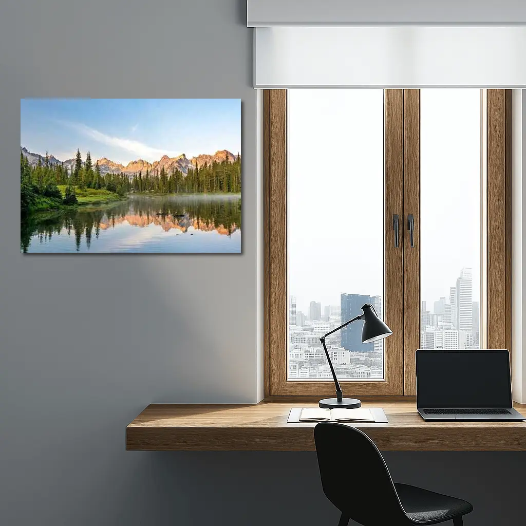 Mountain Lake Reflection Pine Forest Morning – Wall Art