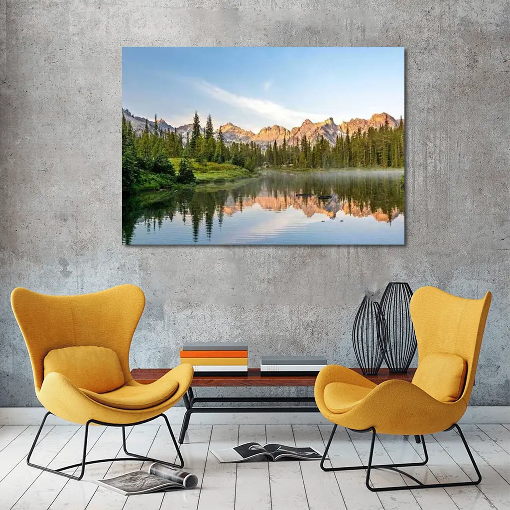 Mountain Lake Reflection Pine Forest Morning – Wall Art