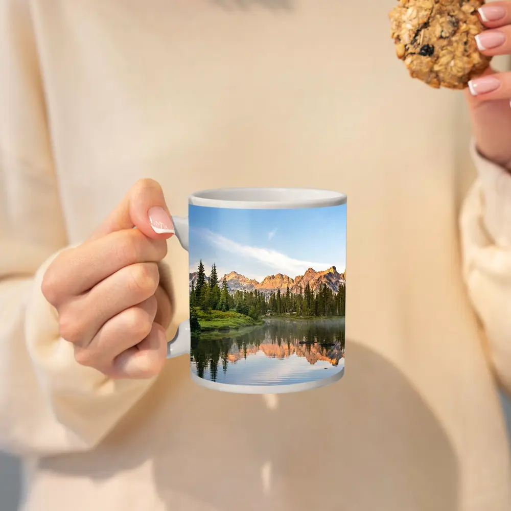 Mountain Lake Reflection Pine Forest Morning – Mugs