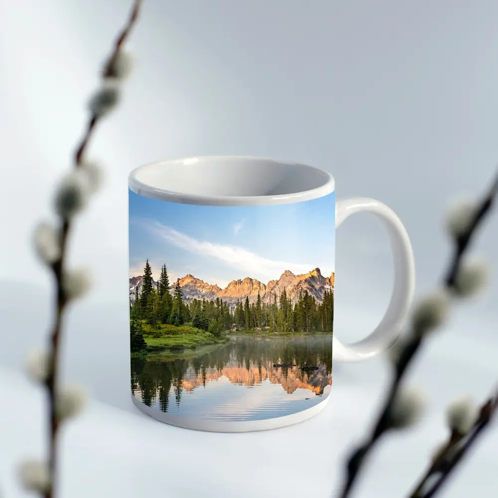 Mountain Lake Reflection Pine Forest Morning – Mugs