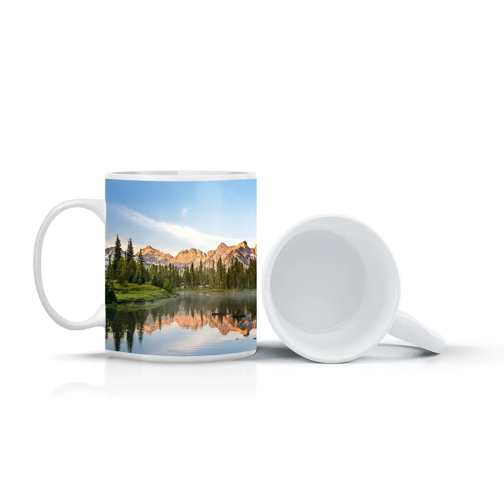 Mountain Lake Reflection Pine Forest Morning – Mugs