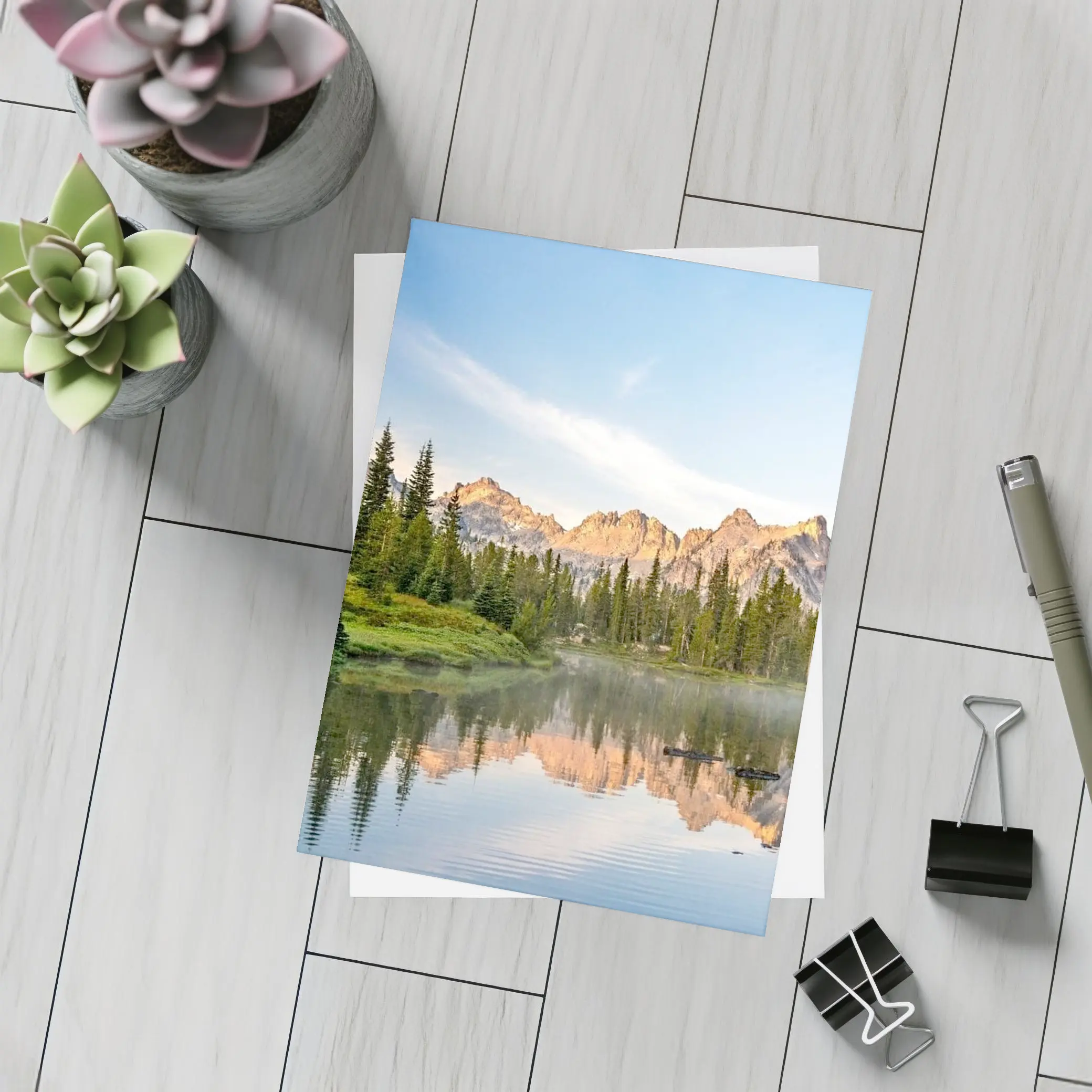 Mountain Lake Reflection Pine Forest Morning – Postcards