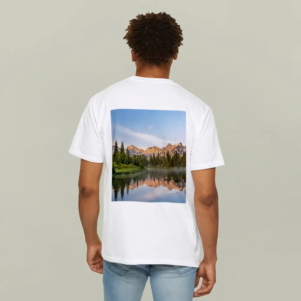 Mountain Lake Reflection Pine Forest Morning – T-Shirts