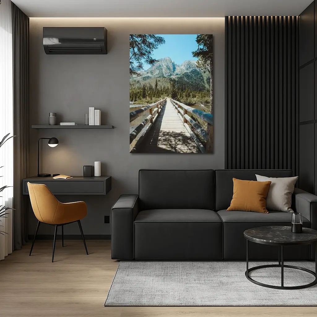 Wooden Bridge Mountain Forest Path View – Wall Art