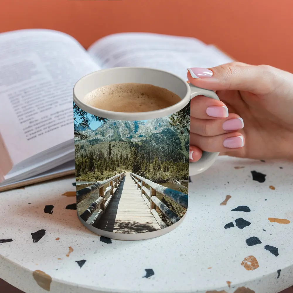 Wooden Bridge Mountain Forest Path View – Mugs