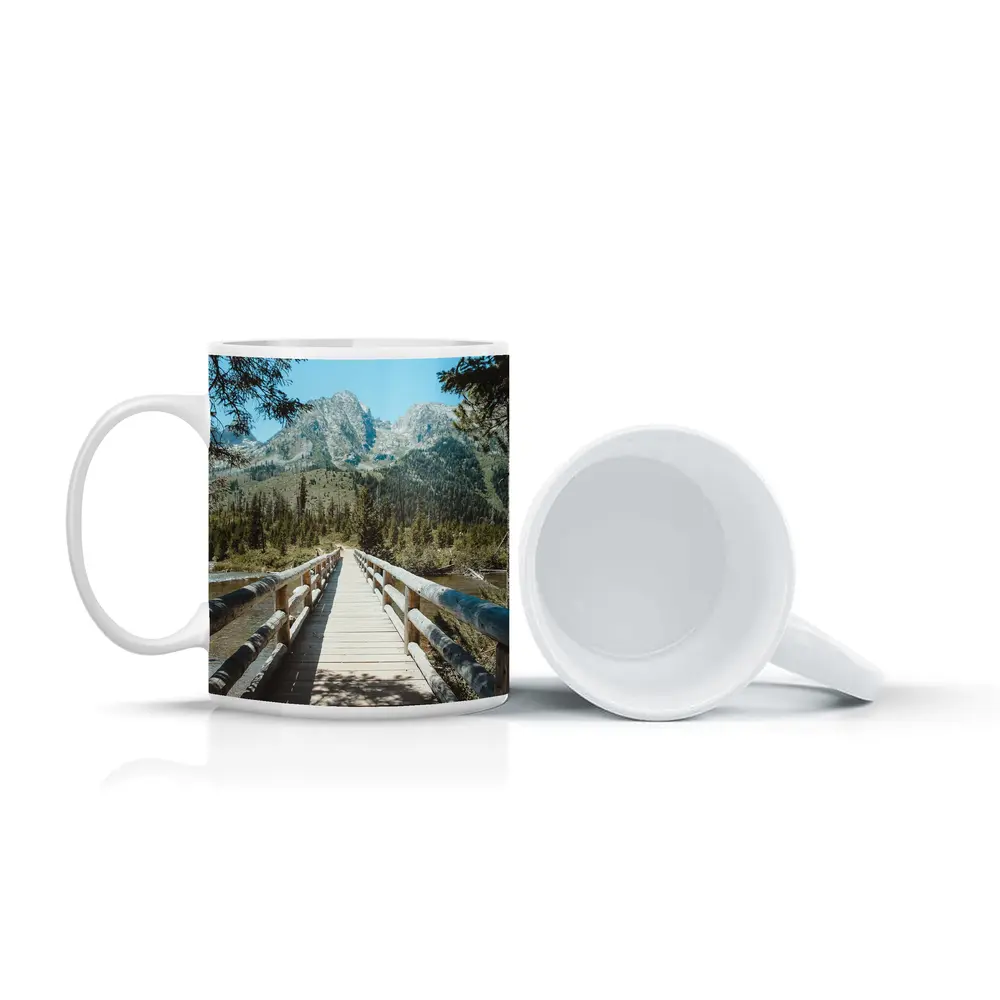 Wooden Bridge Mountain Forest Path View – Mugs