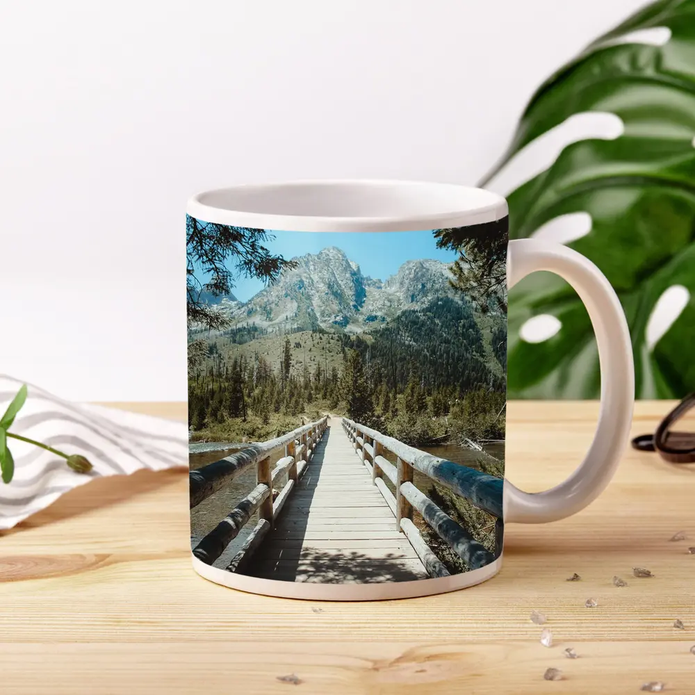 Wooden Bridge Mountain Forest Path View – Mugs