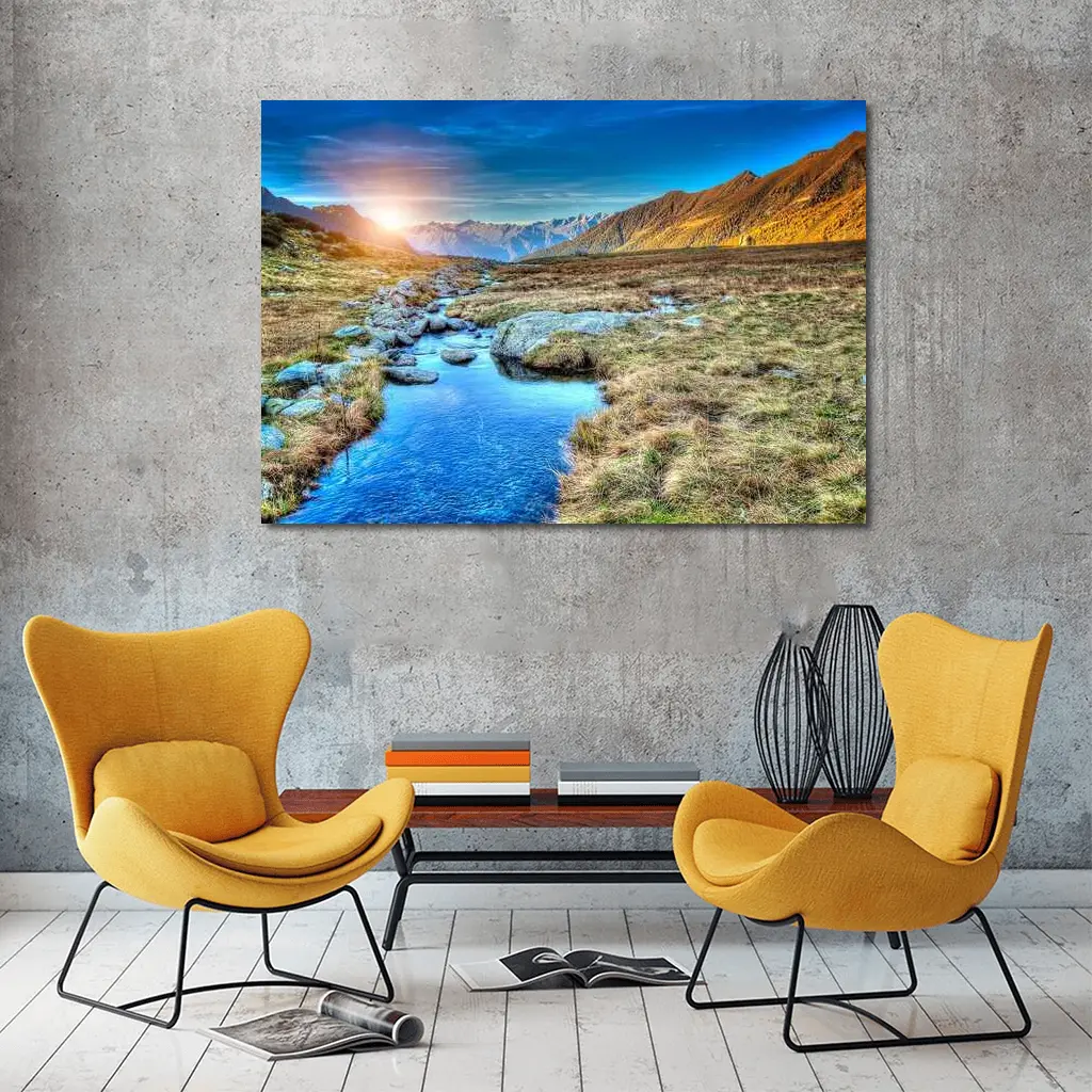 Mountain Stream Sunrise Alpine Valley Landscape – Wall Art