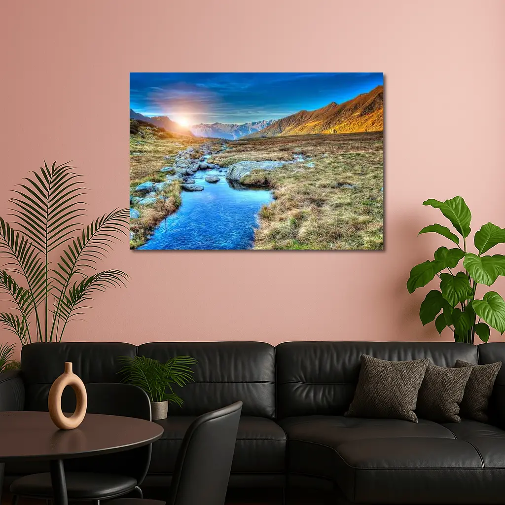 Mountain Stream Sunrise Alpine Valley Landscape – Wall Art