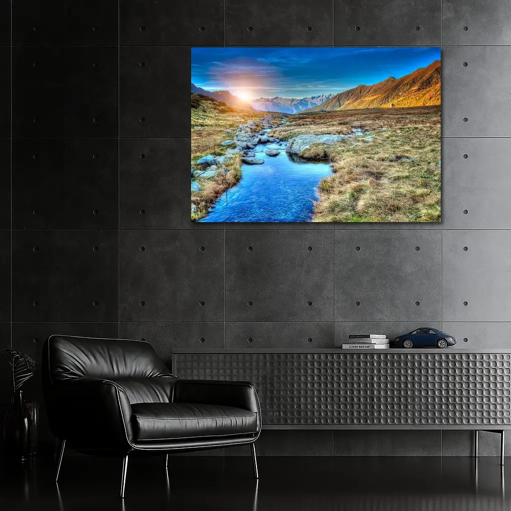 Mountain Stream Sunrise Alpine Valley Landscape – Wall Art
