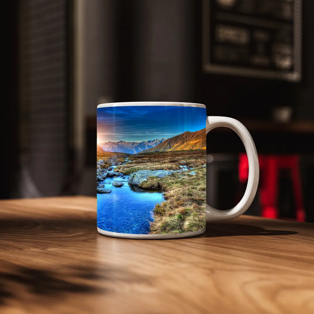 Mountain Stream Sunrise Alpine Valley Landscape – Mugs