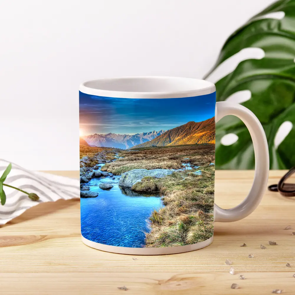 Mountain Stream Sunrise Alpine Valley Landscape – Mugs