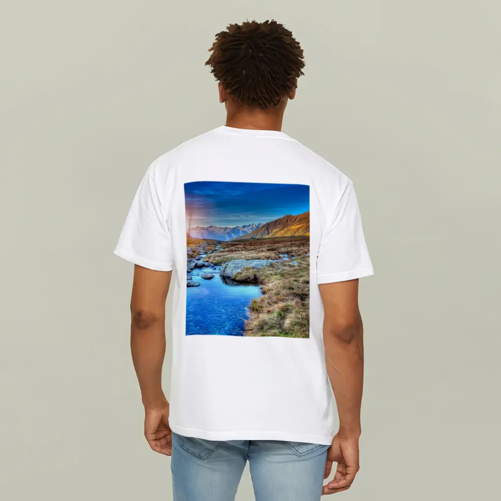Mountain Stream Sunrise Alpine Valley Landscape – T-Shirts