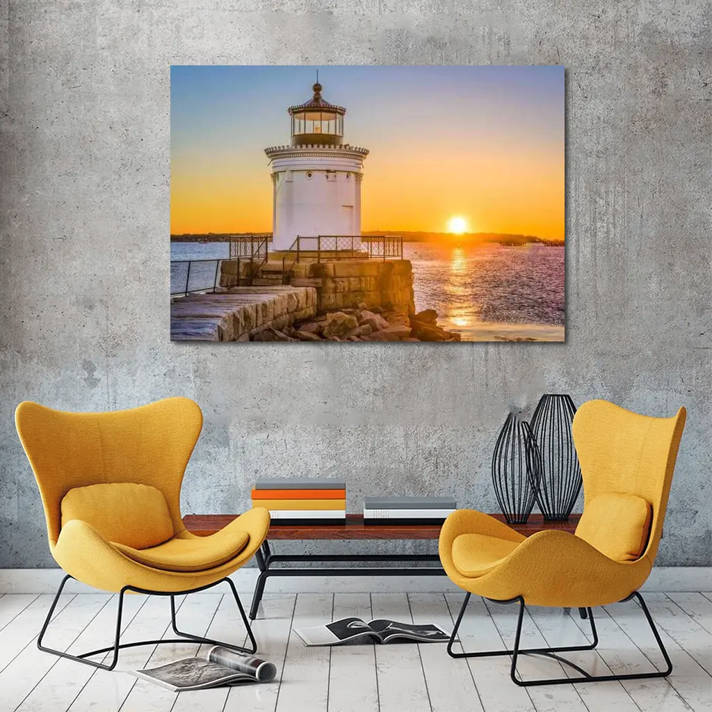 Portland Breakwater Lighthouse Sunset Ocean View – Wall Art