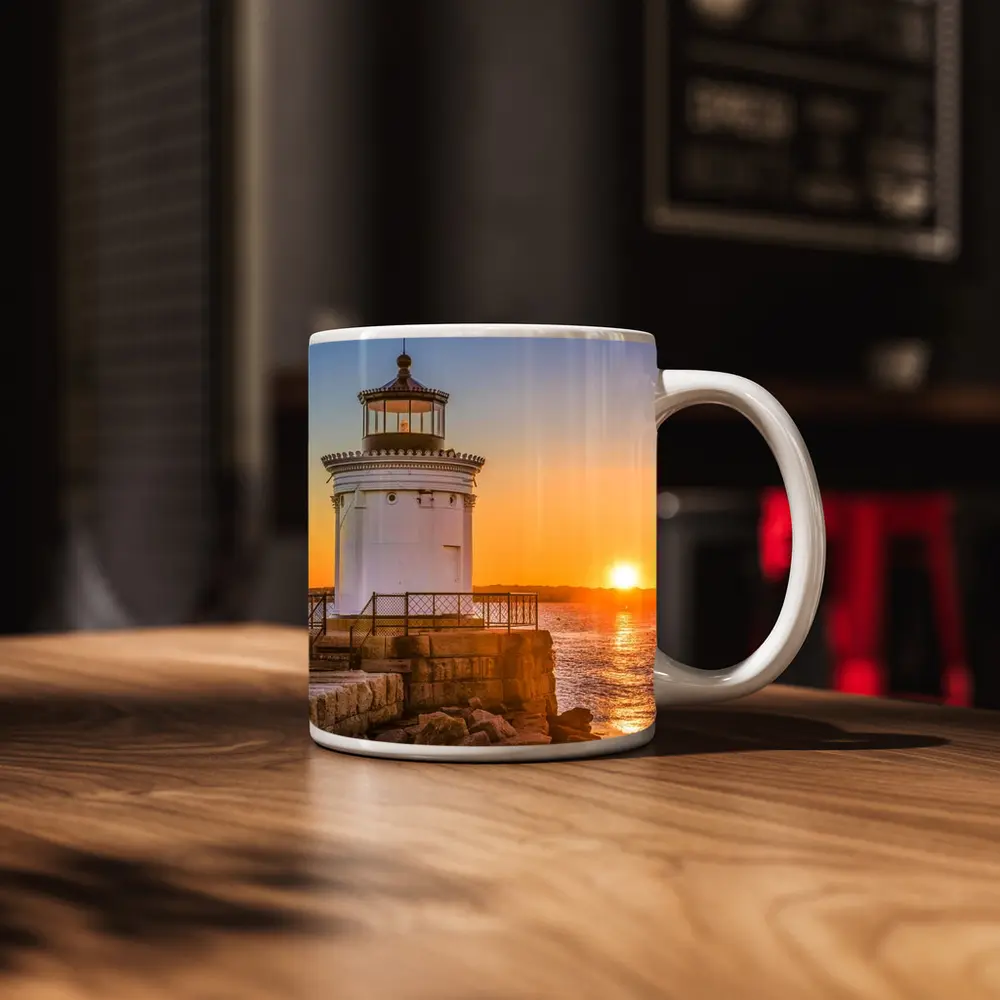 Portland Breakwater Lighthouse Sunset Ocean View – Mugs