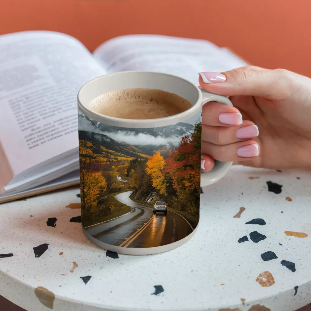 Rainy Mountain Road Autumn Forest Drive – Mugs