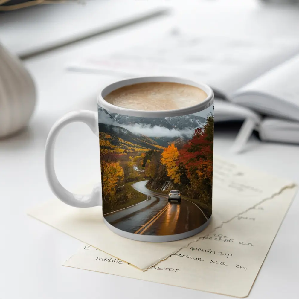 Rainy Mountain Road Autumn Forest Drive – Mugs