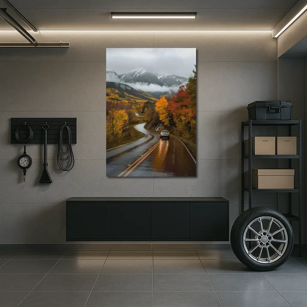 Rainy Mountain Road Autumn Forest Drive – Wall Art