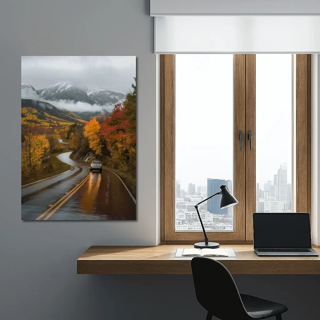 Rainy Mountain Road Autumn Forest Drive – Wall Art