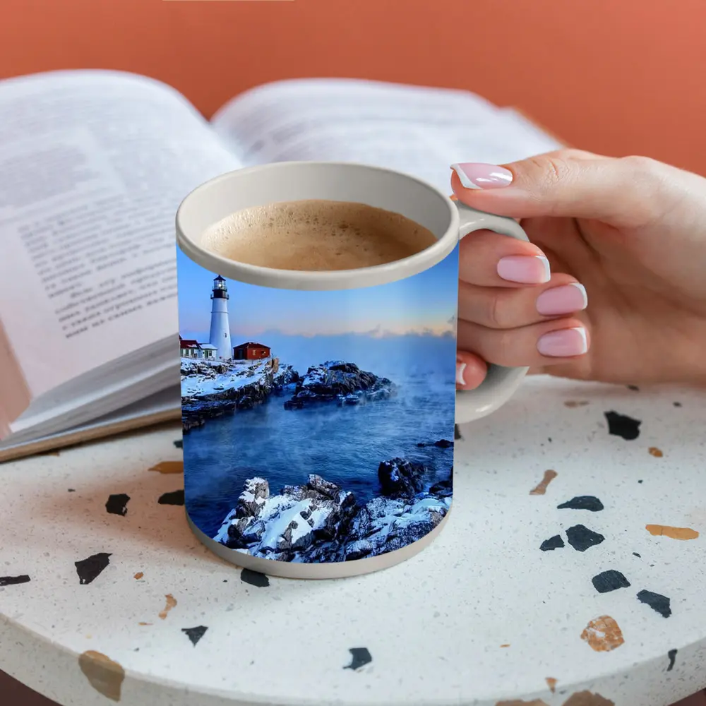 Portland Head Lighthouse Snowy Winter Coastal Scene – Mugs