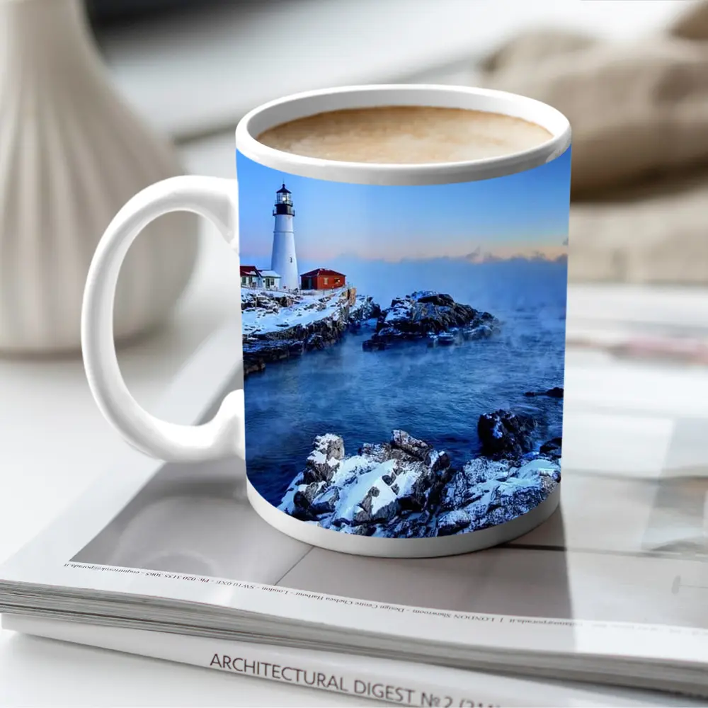 Portland Head Lighthouse Snowy Winter Coastal Scene – Mugs