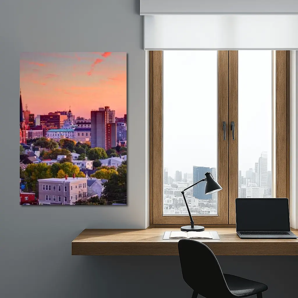 Portland Maine Skyline at Pink Sunset – Wall Art