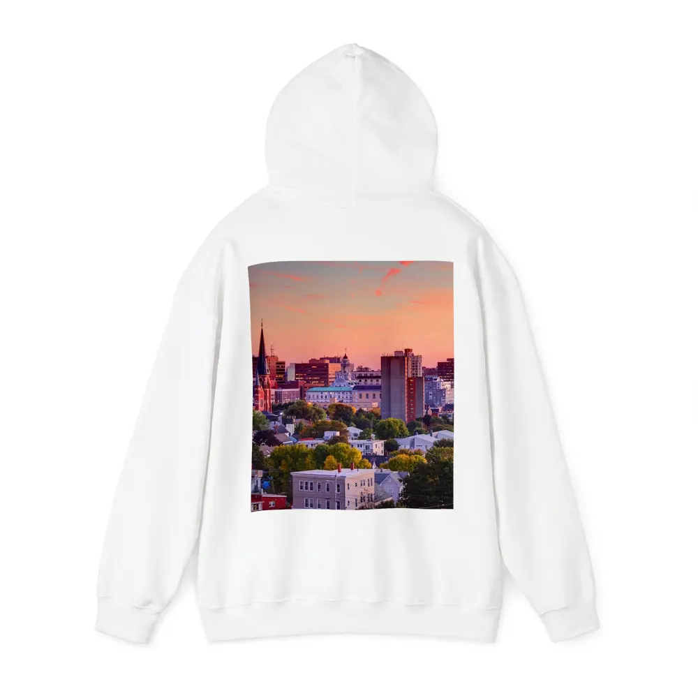 Portland Maine Skyline at Pink Sunset – Hoodies