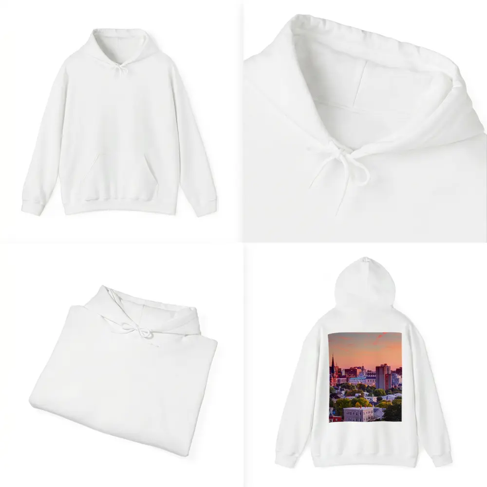 Portland Maine Skyline at Pink Sunset – Hoodies
