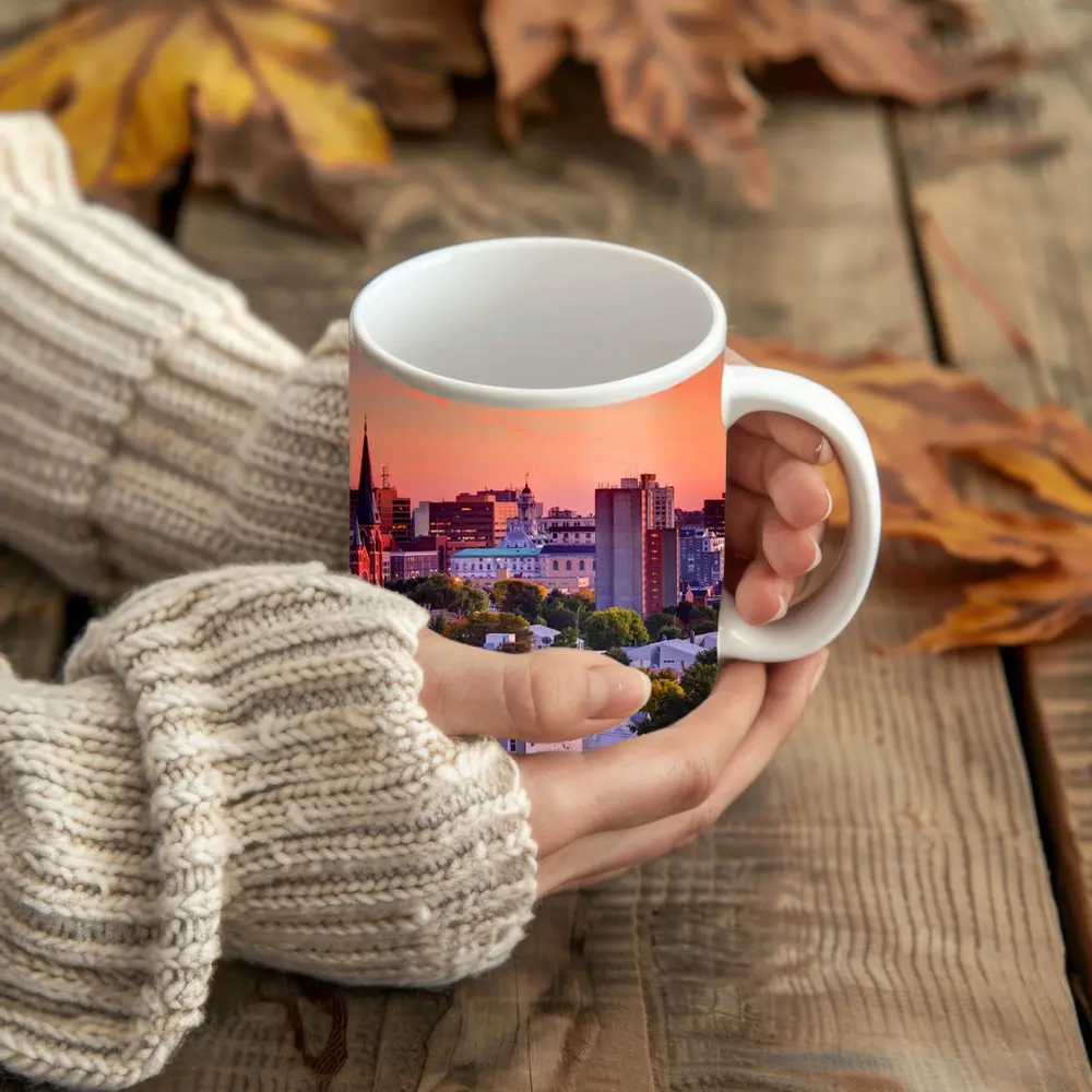 Portland Maine Skyline at Pink Sunset – Mugs