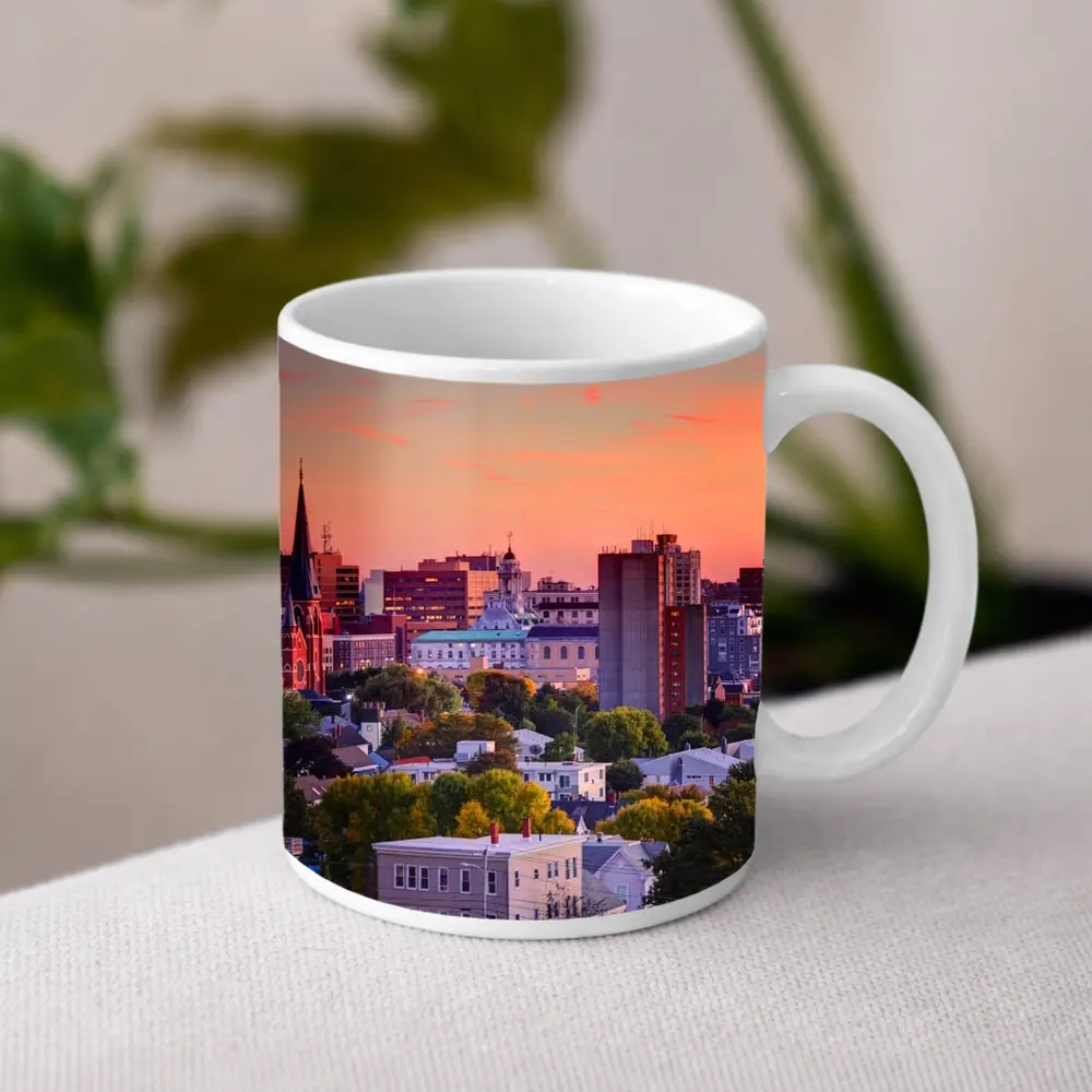 Portland Maine Skyline at Pink Sunset – Mugs