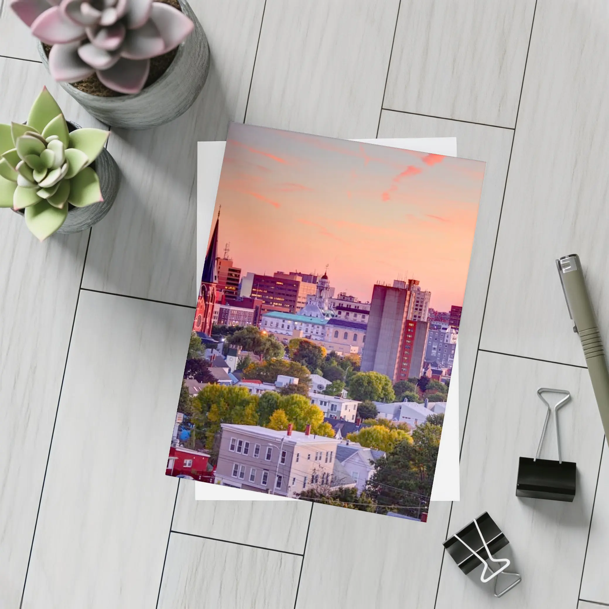 Portland Maine Skyline at Pink Sunset – Postcards