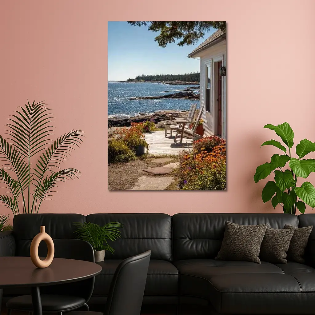 Coastal Cottage Porch Rocky Ocean Shoreline – Wall Art