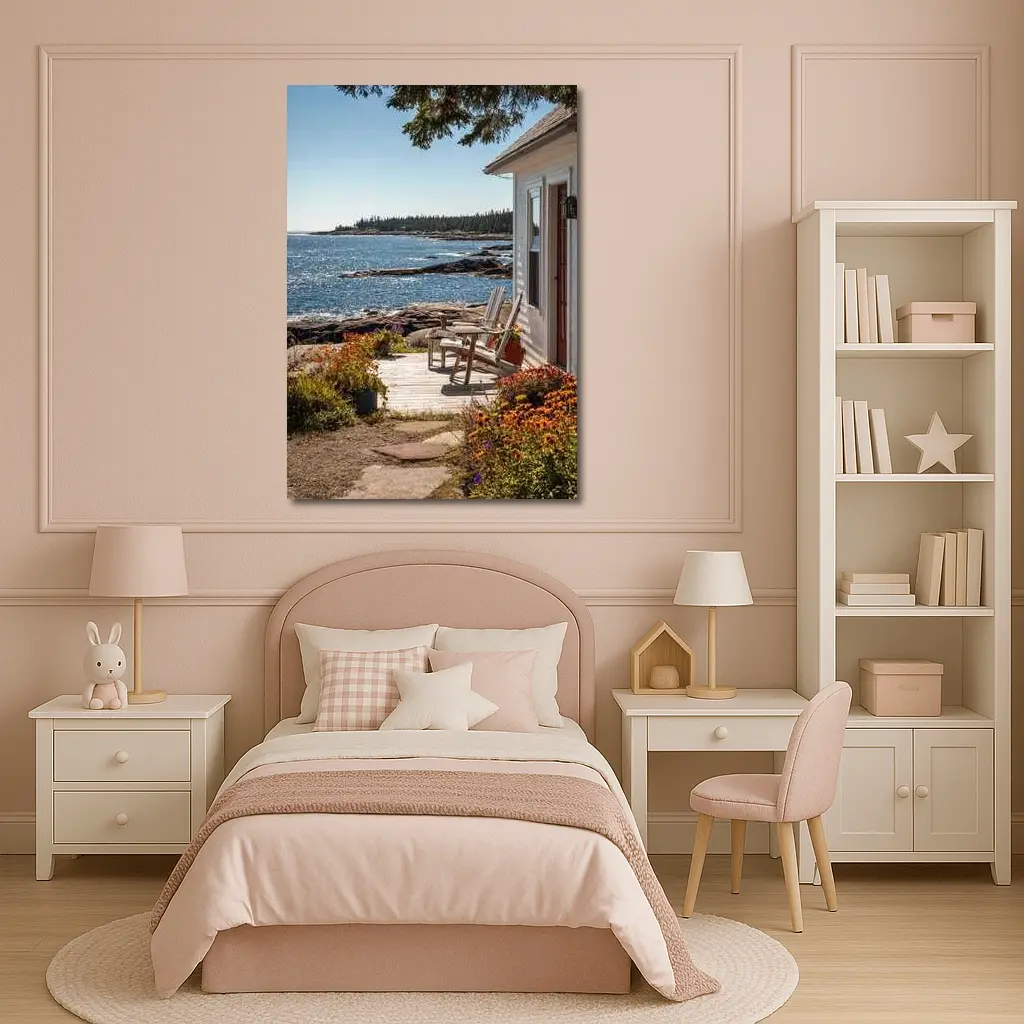 Coastal Cottage Porch Rocky Ocean Shoreline – Wall Art