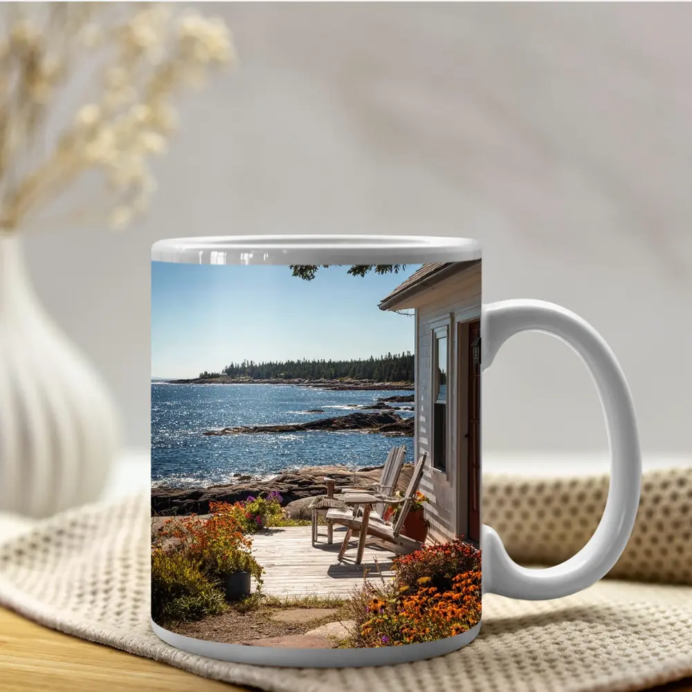 Coastal Cottage Porch Rocky Ocean Shoreline – Mugs