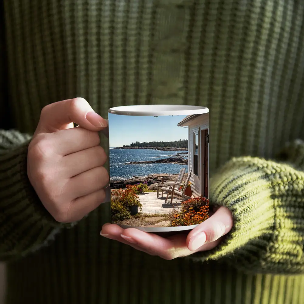 Coastal Cottage Porch Rocky Ocean Shoreline – Mugs