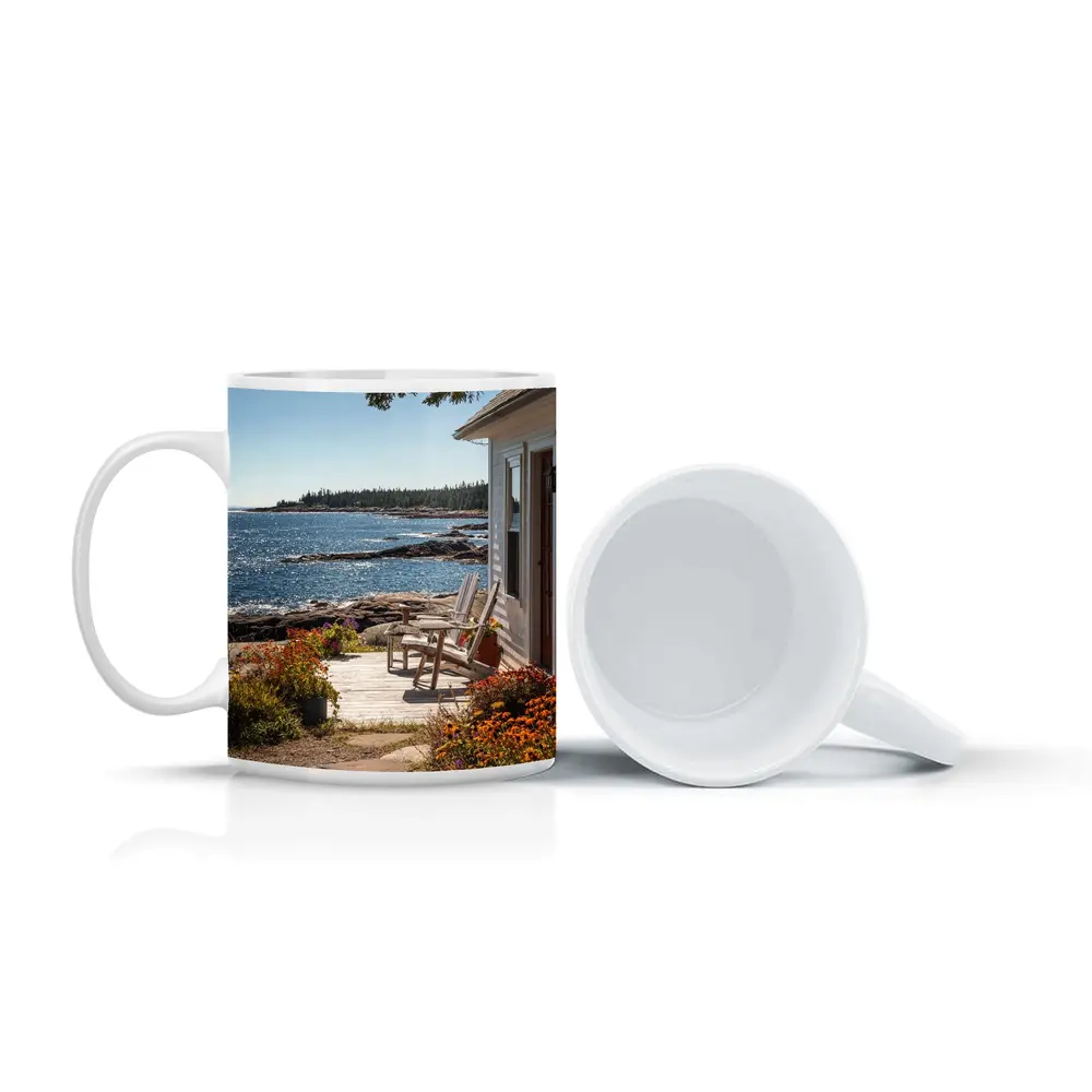 Coastal Cottage Porch Rocky Ocean Shoreline – Mugs