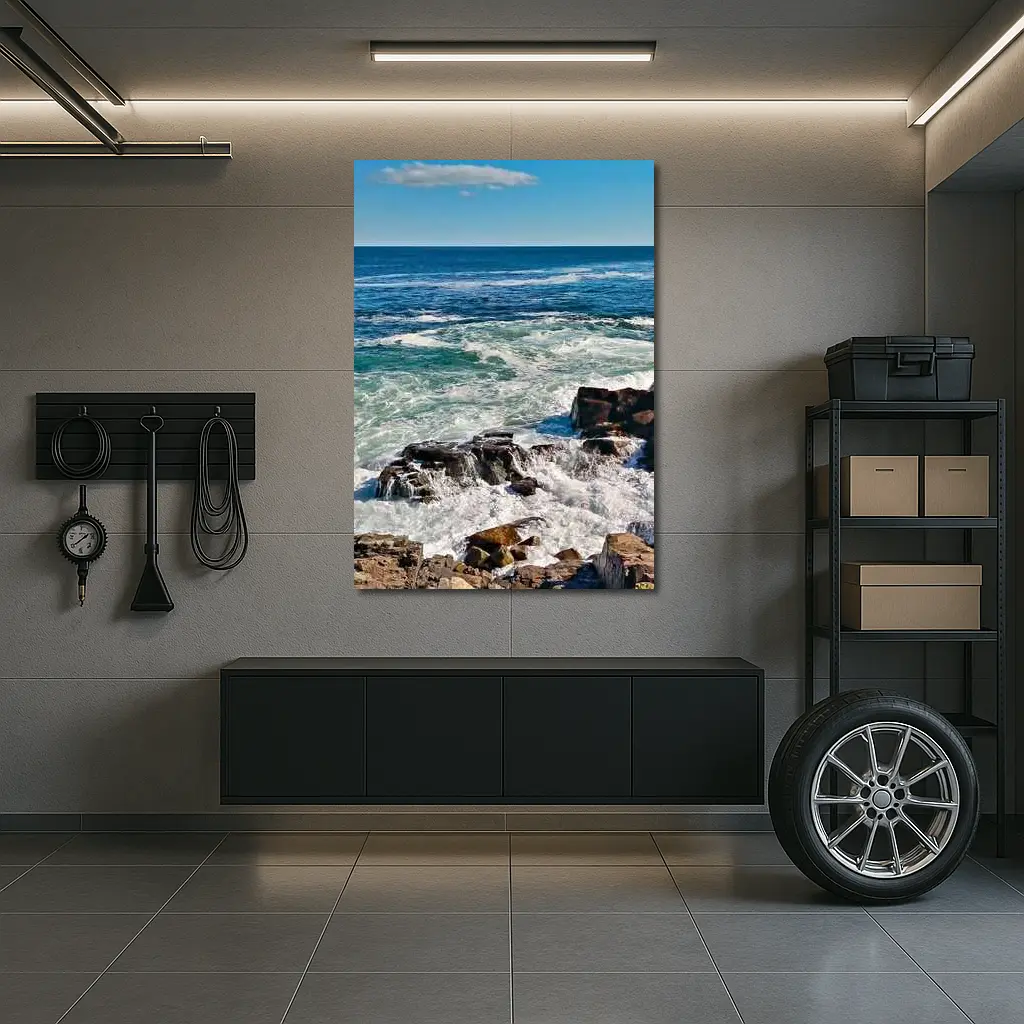 Rocky Shoreline Waves Crashing Blue Ocean – Wall Art