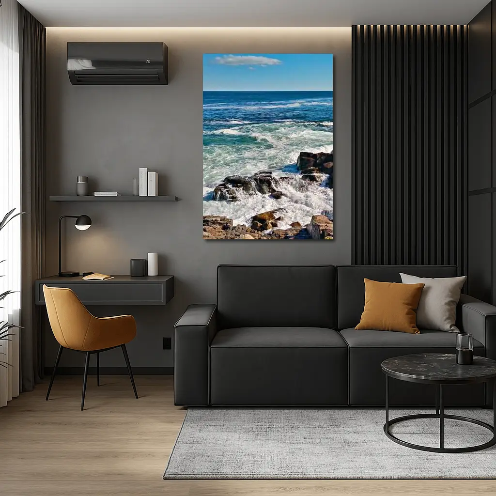 Rocky Shoreline Waves Crashing Blue Ocean – Wall Art