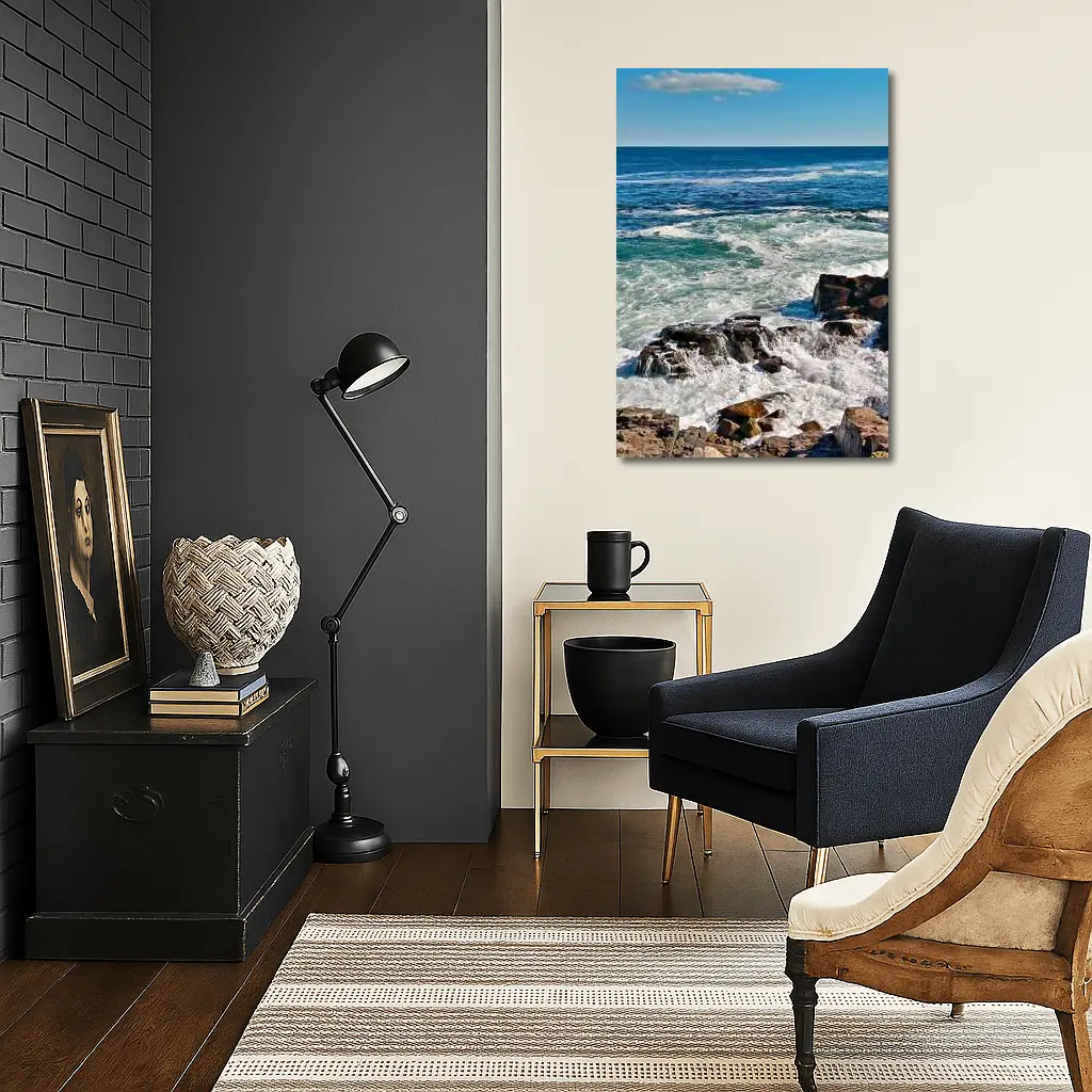 Rocky Shoreline Waves Crashing Blue Ocean – Wall Art
