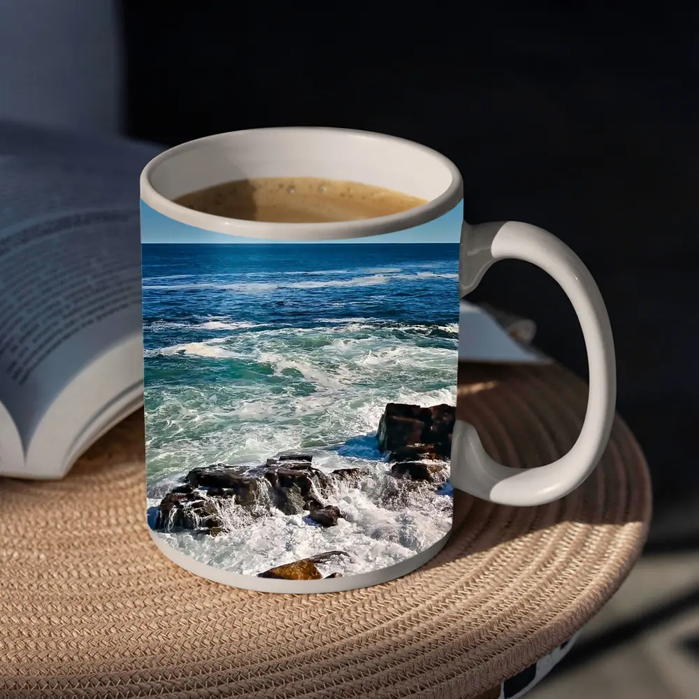 Rocky Shoreline Waves Crashing Blue Ocean – Mugs