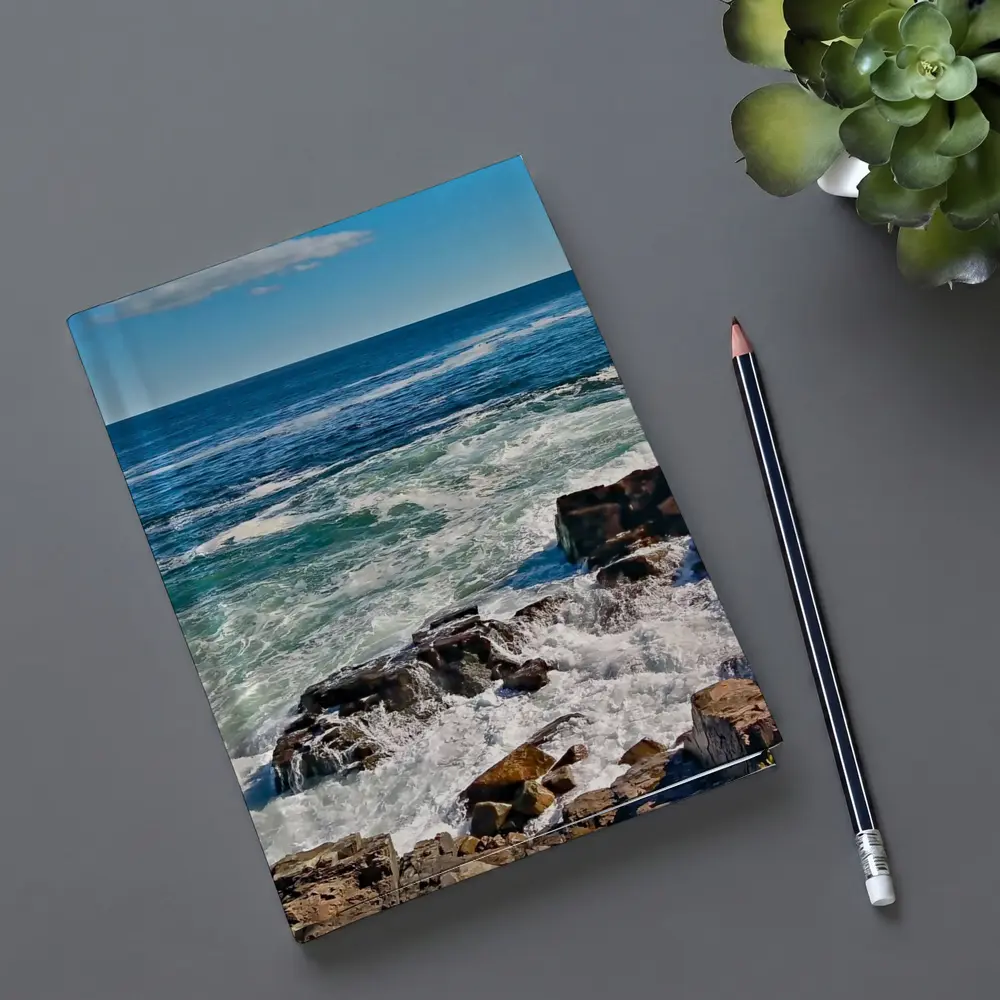Rocky Shoreline Waves Crashing Blue Ocean – Notebooks