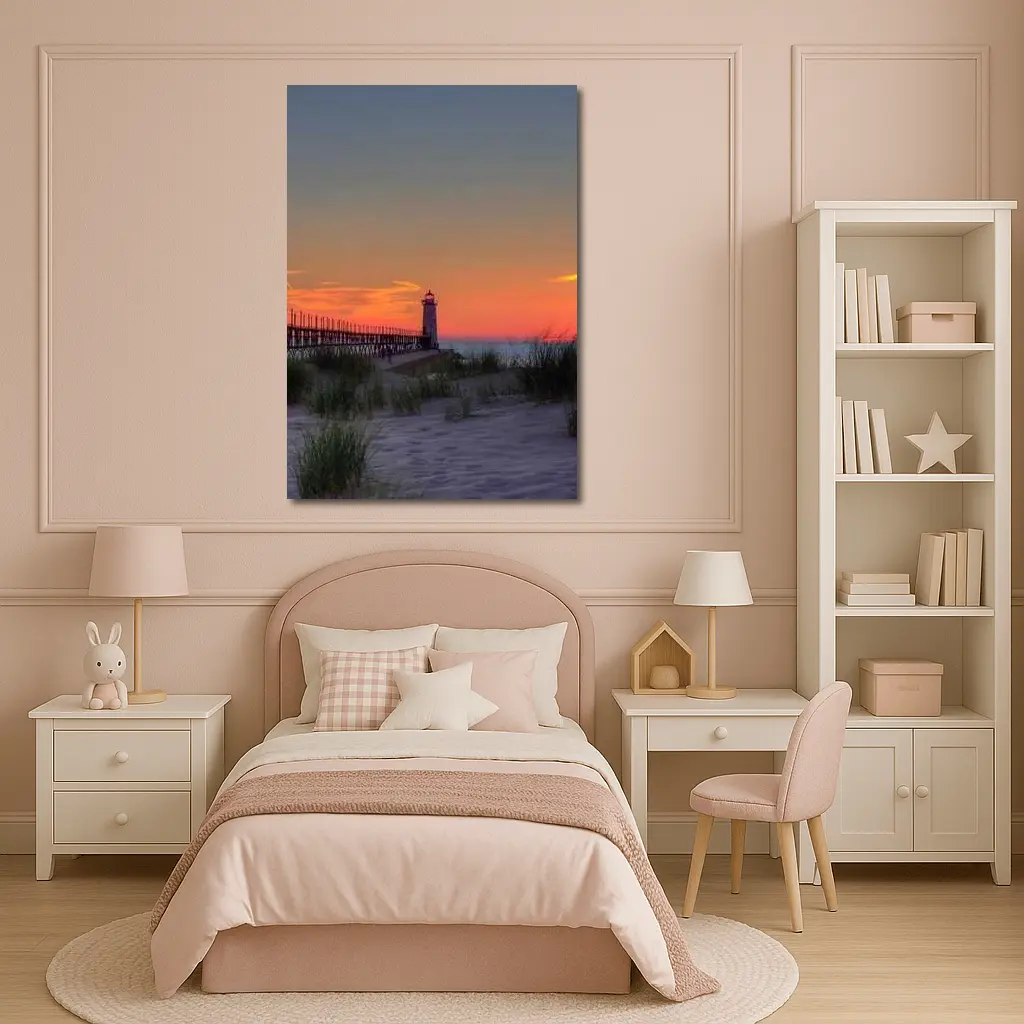 Lighthouse Pier Sandy Beach Sunset Sky – Wall Art