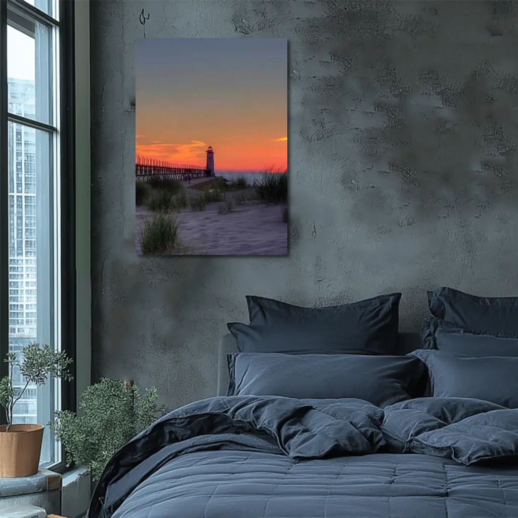 Lighthouse Pier Sandy Beach Sunset Sky – Wall Art