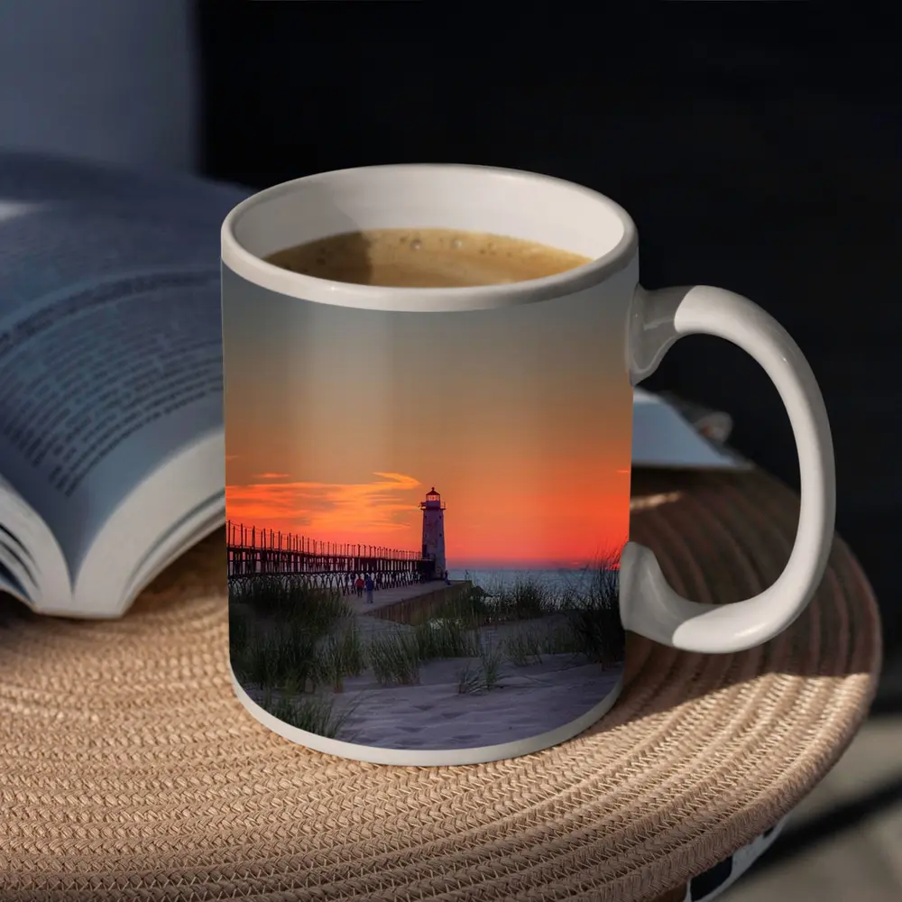 Lighthouse Pier Sandy Beach Sunset Sky – Mugs