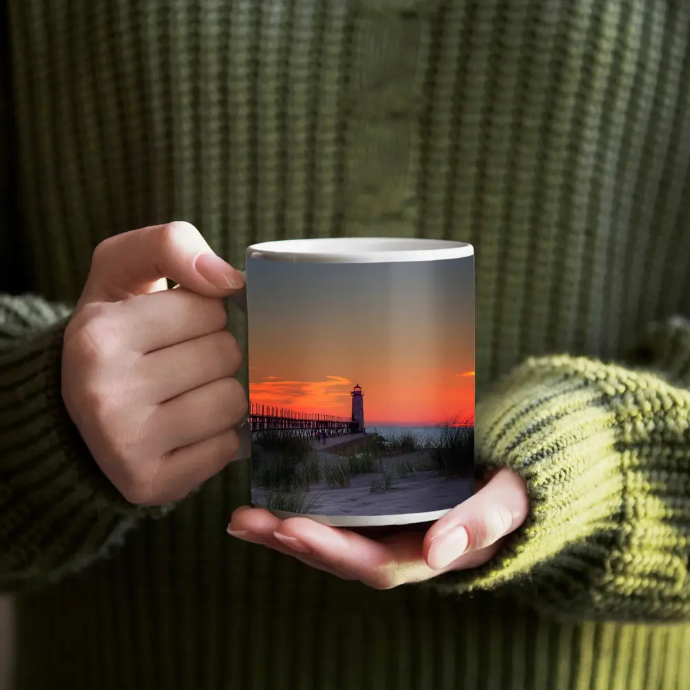 Lighthouse Pier Sandy Beach Sunset Sky – Mugs
