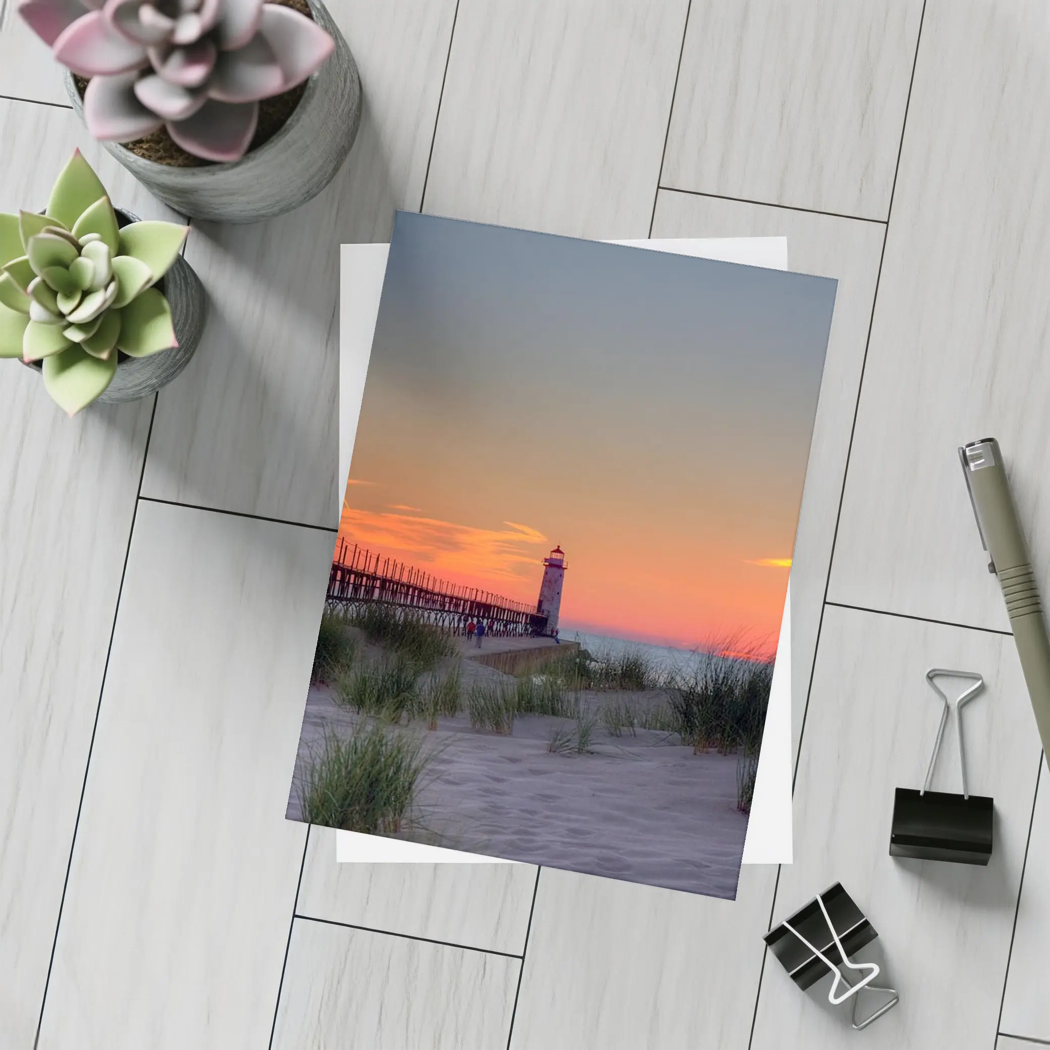 Lighthouse Pier Sandy Beach Sunset Sky – Postcards