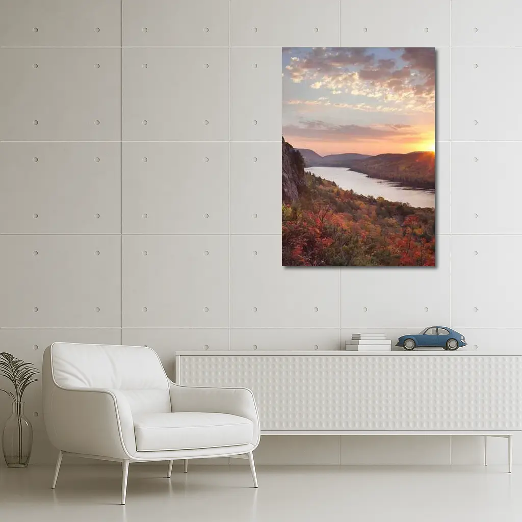 Autumn Lake Sunset Rolling Forest Hills – Wall Art