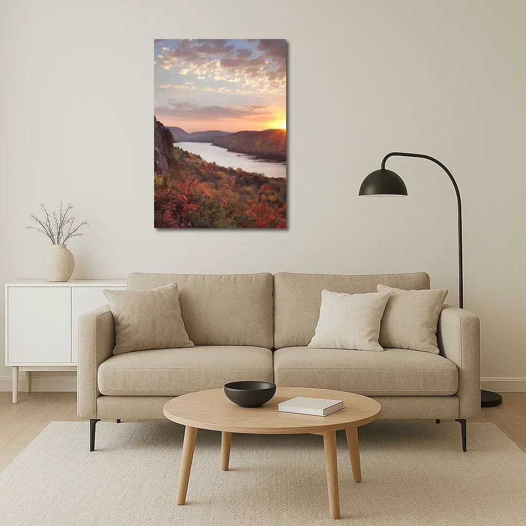 Autumn Lake Sunset Rolling Forest Hills – Wall Art