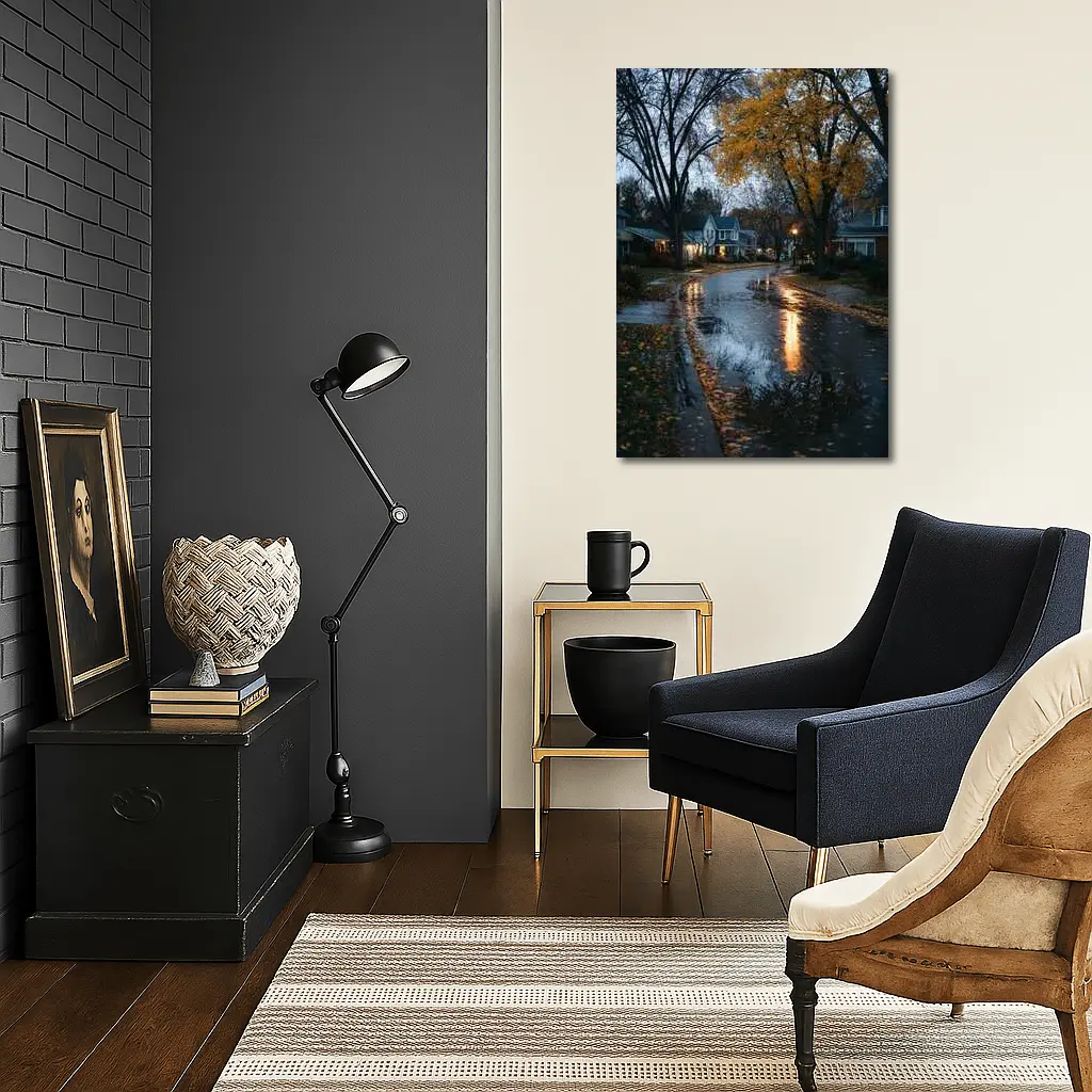 Rainy Autumn Suburban Street Wet Reflection – Wall Art