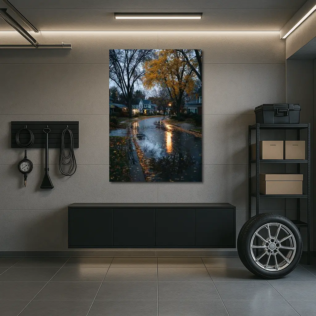 Rainy Autumn Suburban Street Wet Reflection – Wall Art